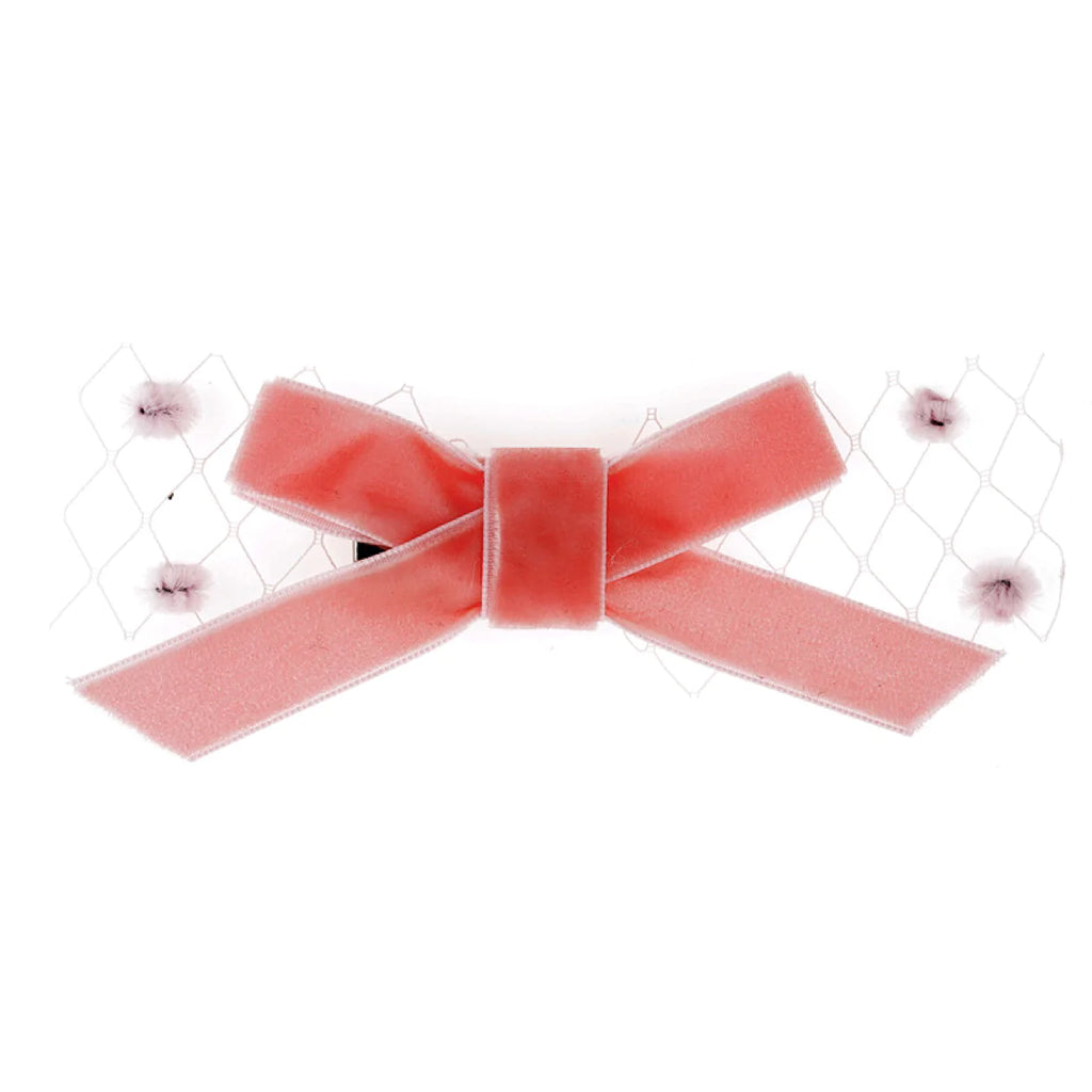 Plush - Velvet Bow on pom pom tulle Baby Pink