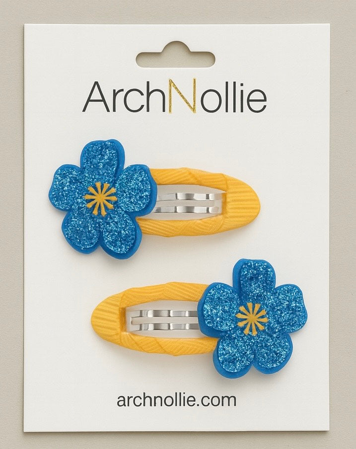 Blue Glitter Flower Snap Hair Clips – Set of 2