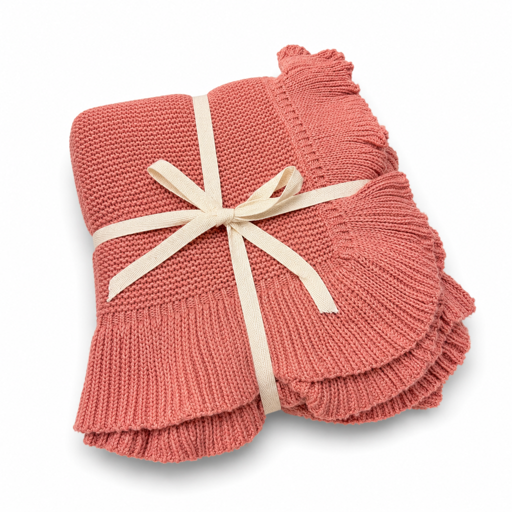 Cotton Heirloom Ruffle Baby Blanket - Salmon Pink